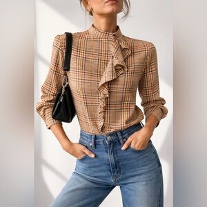ZARA Plaid Button-Down Shirt Ruffle Trim Asymmetric Long Sleeve Collarless, US S